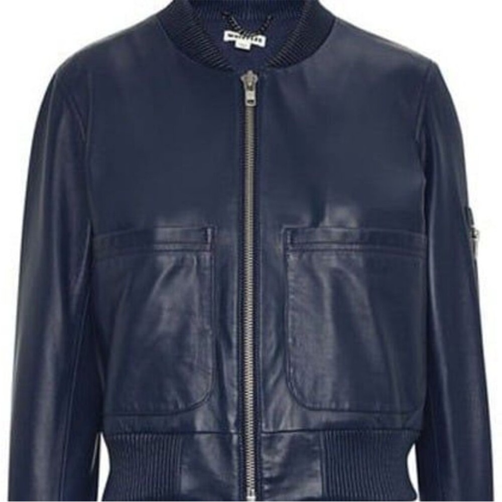Whistles Navy Blue Leather Bomber Jacket M